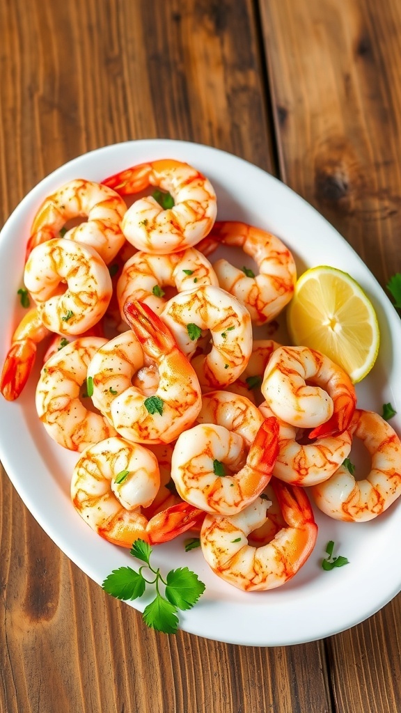 A delicious serving of air fryer shrimp seasoned with spices, garnished with lemon and parsley on a rustic table.